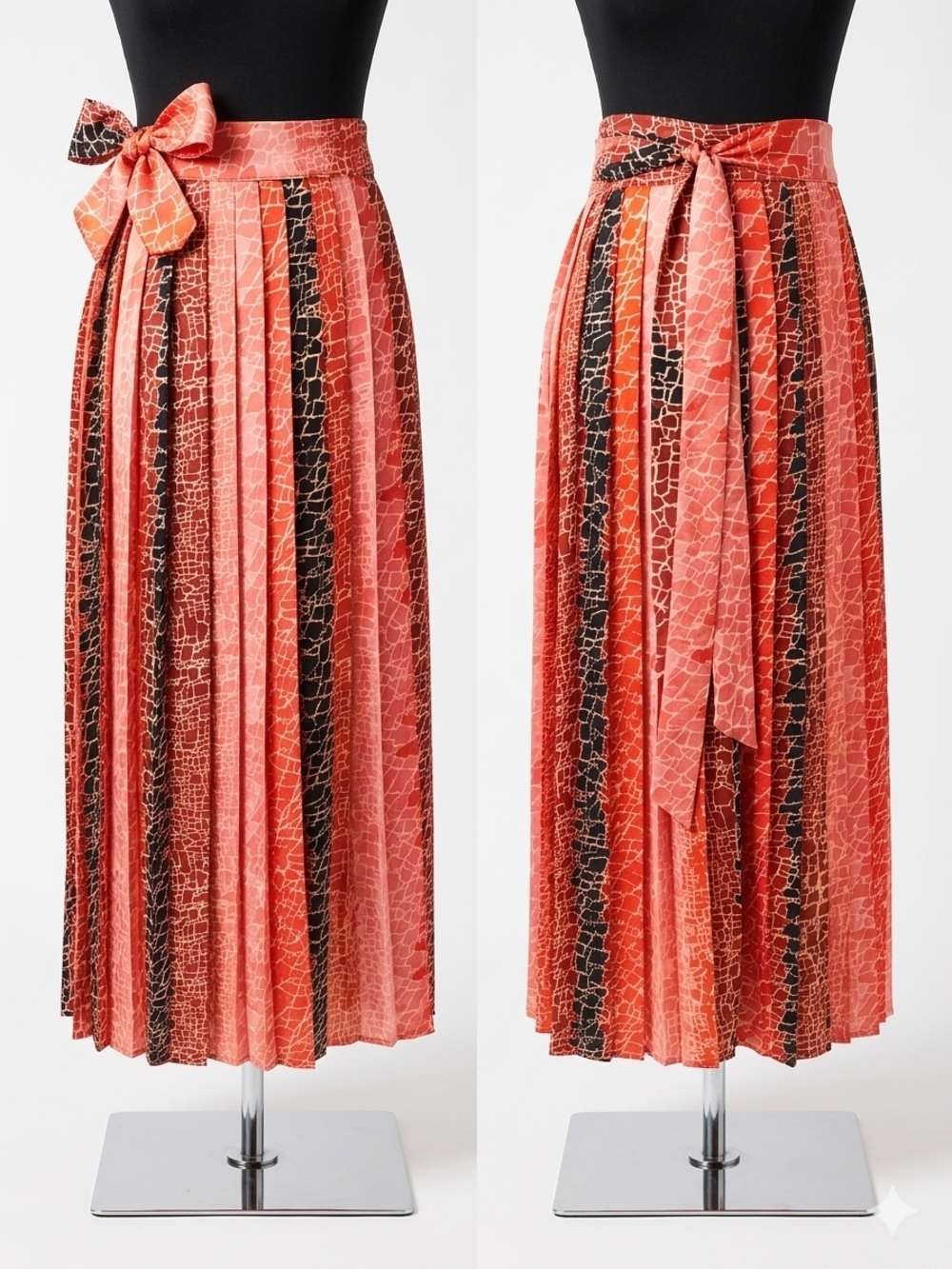 Little Mistress Coral and Black Pleated Midi Skirt with Waist Tie